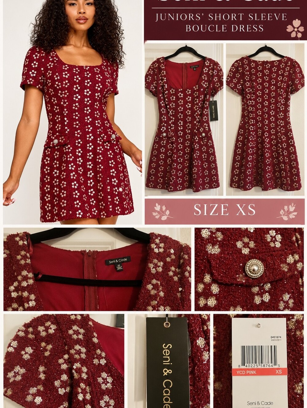 Burgundy Floral Boucle Short Sleeve Dress - XS